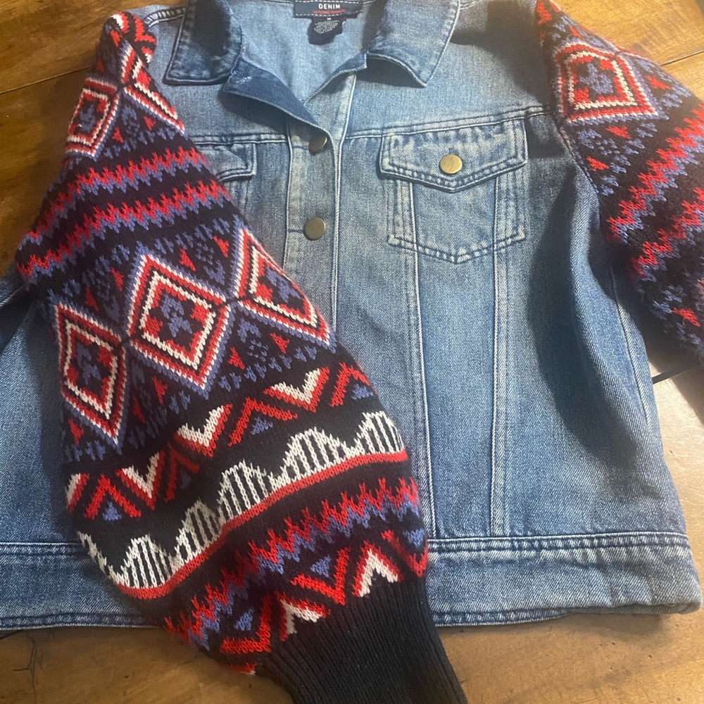 Flying Tomato Jean Jacket with Red + Blue Patterned wide puffy sweater sleeves